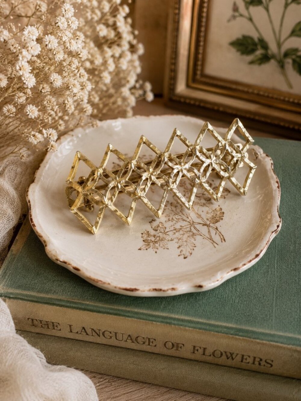 Vintage Gold Tone Geometric Hair Barrette | Retro Diamond Pattern Hair Clip